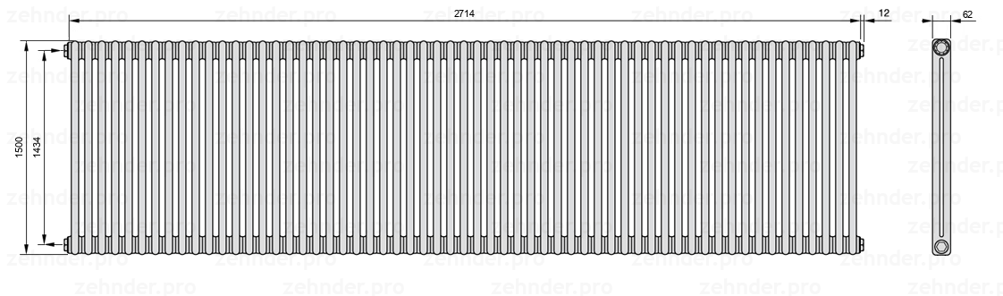 Схема (чертеж) Радиатор Zehnder Charleston 2150/59 №1270 Белый глянцевый RAL 9016